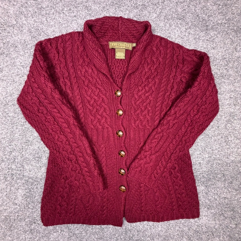 Inis Crafts Ireland Merino Wool Cable Knit Cardigan Sweater Burgundy Small